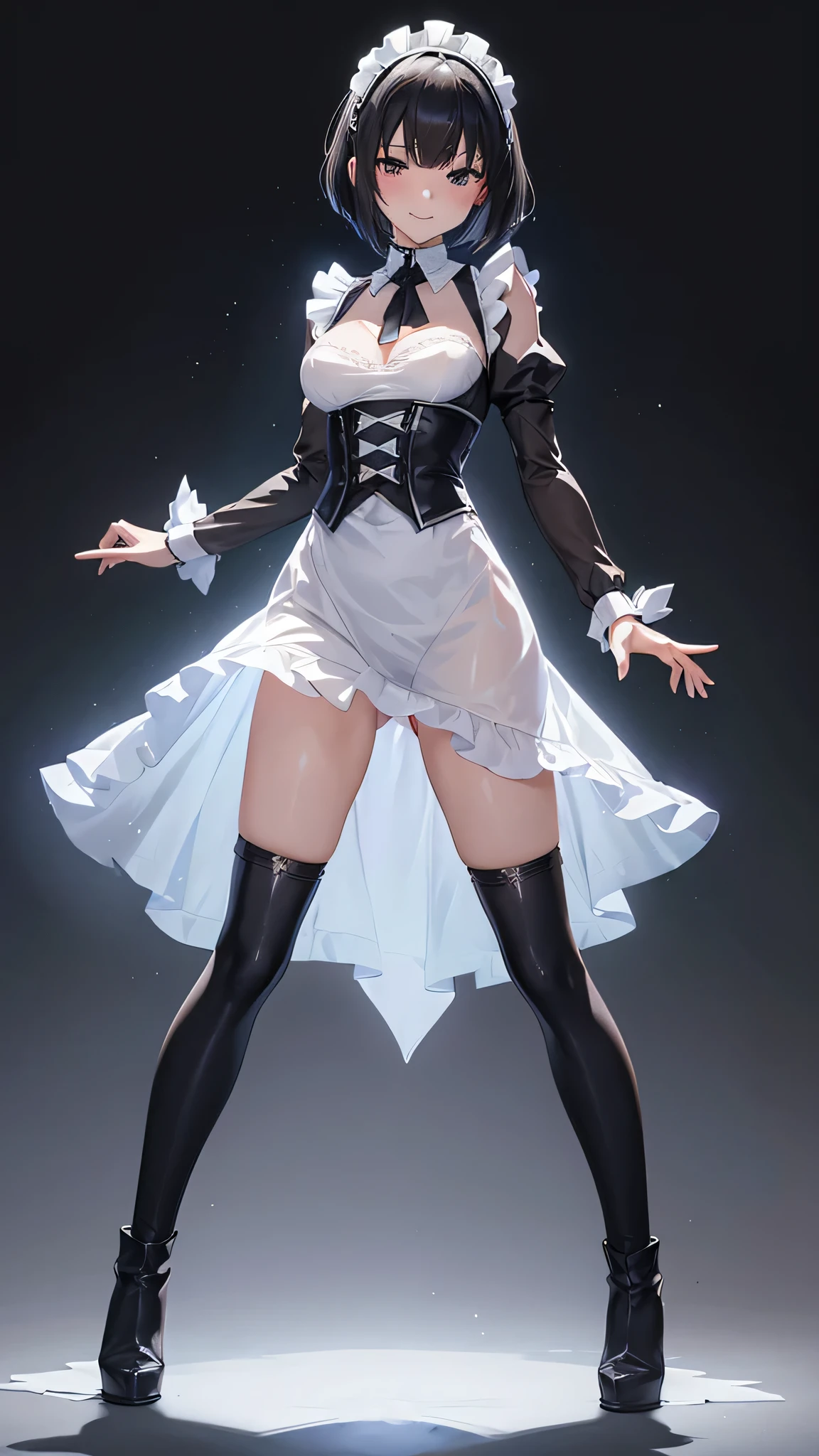 Black Skirt, suspenders, Silver hair, grey eyes, 脚にガーターbelt, Tight clothing, belt, Dark look, ponytail, Realistic, Dynamic Lighting, Volumetric lighting, Highly detailed face,(NSFW:1.0), Full Body Stand Posture, Thin legs, ((Large Breasts)), Detailed facial details, Natural and beautiful standing posture,(The clothes are see-through)