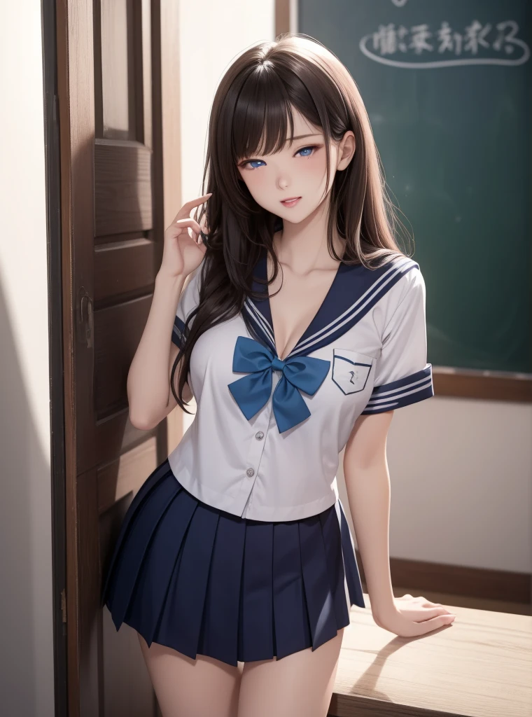    a beautiful girl ,   Blue eyes  ,     bright eyes ,  outfit serafuku japones,closed lips ,   long hair,    high resolution,  breasts ,  sexy body  , sexy,   beautiful breasts sensual and sexy body ,  looking at the camera ,  wavy hair, Triste, camisa blanca, pleated skirt, blue bowtie ,  school uniform