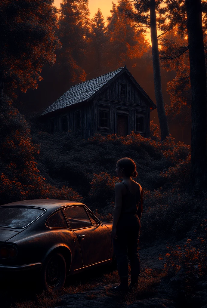 A young woman standing beside her car in front of a lonely cabin surrounded by dense woods at dusk.