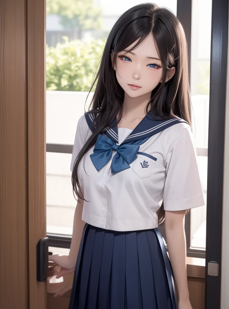    a beautiful girl ,   Blue eyes  ,     bright eyes ,  outfit serafuku japones,closed lips ,   long hair,    high resolution,  breasts ,  sexy body  , sexy,   beautiful breasts sensual and sexy body ,  looking at the camera ,  wavy hair, Triste, camisa blanca, pleated skirt, blue bowtie ,  school uniform