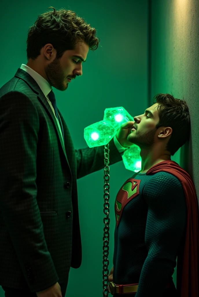 two men in a dramatic scene. The man on the left has curly hair and is wearing a checkered suit. He appears to be holding a chain with a glowing green emeralt object at the end, which is draped around the neck of the man on the right. The man on the right is Cody Christian dressed in a superhero costume with a prominent 'S' emblem on his chest, a cape, and a belt. He has dark hair and is leaning against a wall, appearing weakened or unconscious, eyes closed, clenched jaw