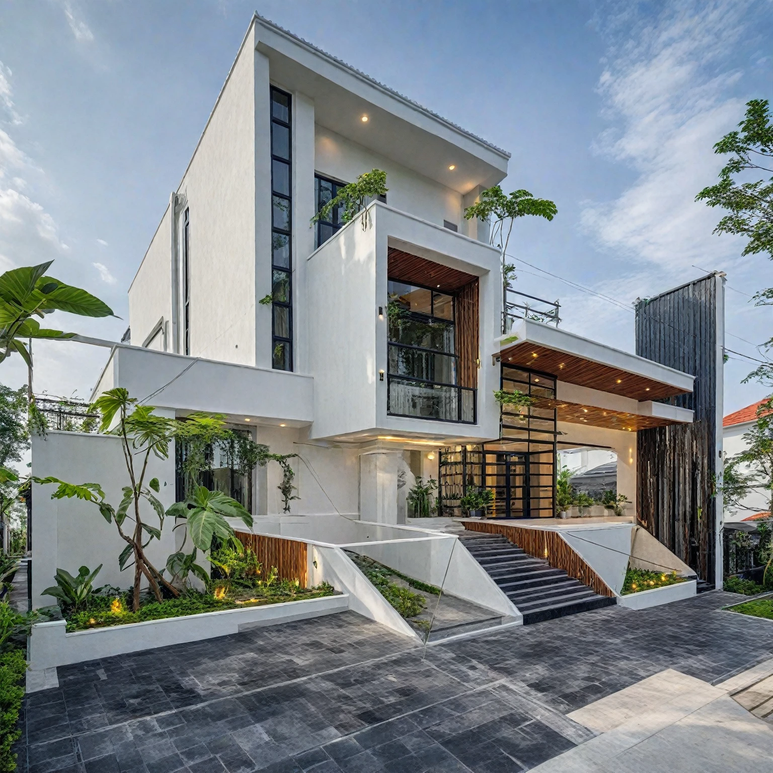 (masterpiece:1.2), best quality, photo of A two-story modern house in VietNam with white walls and dark tiles on the roof., tree and plant environment,daylight, streetcapes, natural light, vivid color, The exterior of an elegant single family home features large windows, a dark gray door frame.