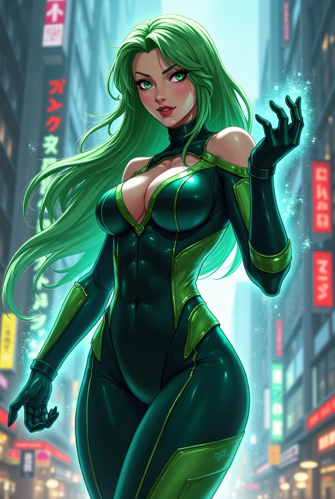 1 girl, orc, ((skin color dark green)), ((detailed face)), milf, wear (white skimpy leotard), night street background, standing, looking at camera, arms behind head, UHD, bokeh, ray tracing
