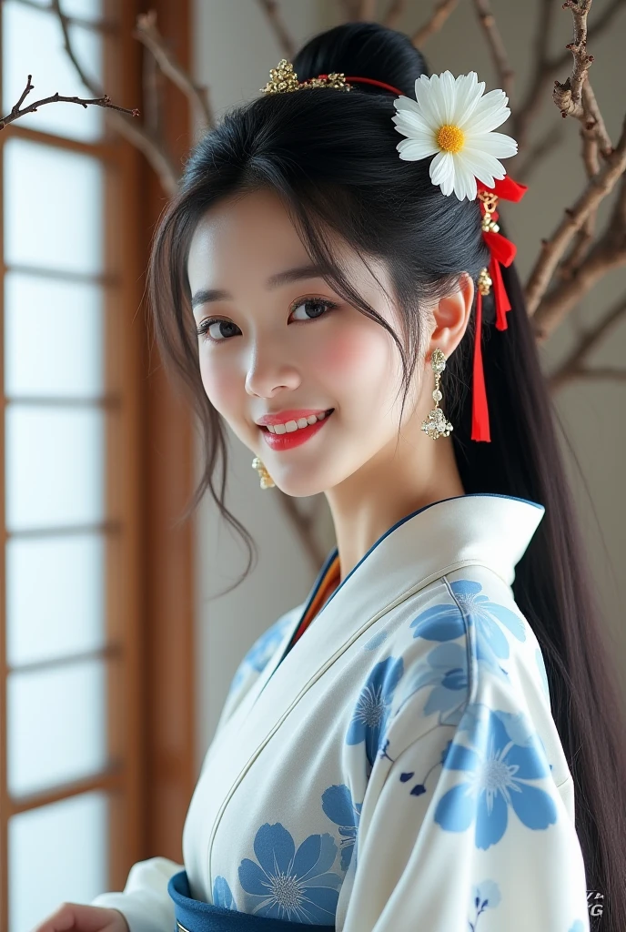 (in 8K、Raw photo、top-quality、超A high resolution、​masterpiece：1.2)、Beautiful blonde precise and detailed two side up hairstyle、Floral kimono、Sunnyday、Cute girl posing as a model、独奏、Qing々Smile、Beautiful kimono with attention to detail、beautiful and delicate flowing hair、It combines very delicate and natural fingertips..、Breasts Breasts delicate and detailed beautiful hands、Looking at the camera、Thin and natural beautiful fingers、to stand、Cute and beautiful, Beautiful face is very delicate and detailed、daytime temple background、Red torii gate