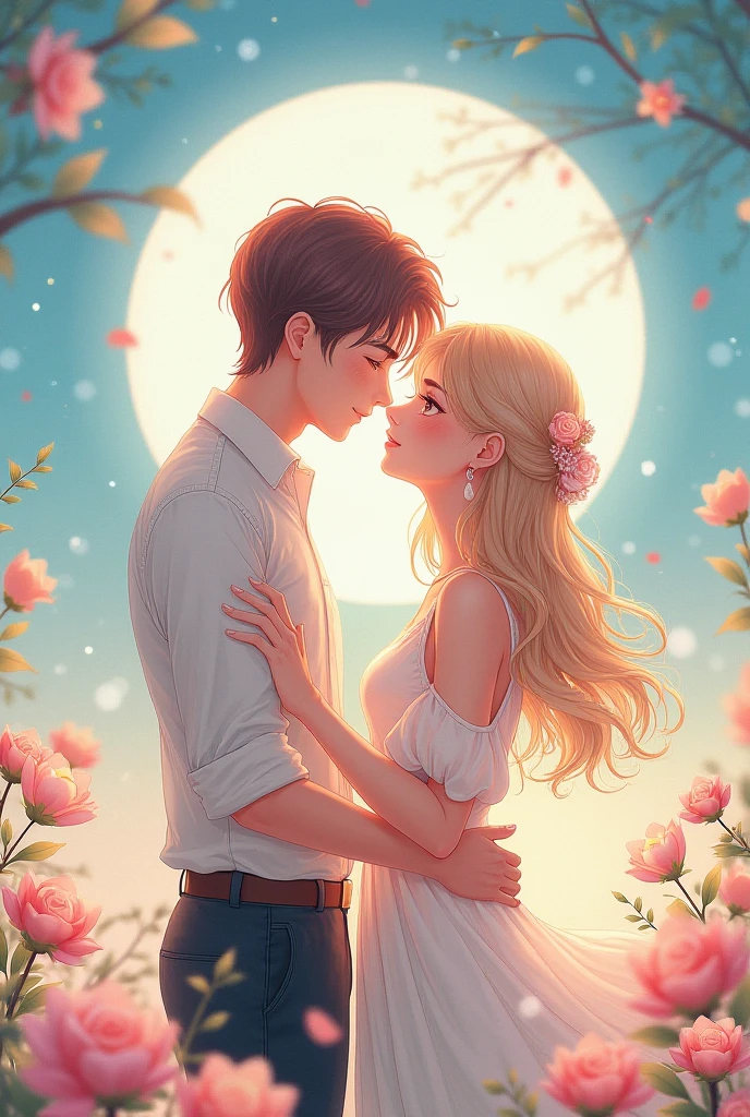 Here is a tip for creating images in English,The image depicts a girl who resembles the sun and a boy who resembles the moon sharing a French kiss:
"Create a picture,A girl who is the sun and a boy who is the moon are sharing a French kiss. Girls should have features that reflect the sun – blond hair,Seems to be glowing with warmth, Radiant Skin, Bright, fiery eyes. Boys should be like the moon, with silver hair,Shining gently, pale, Cool skin, gentle, Calm eyes. They should be standing in a dusk scene,That's where day and night meet, Their lips lightly touched in an intimate French kiss, The surroundings are a mixture of warm sunlight and cool moonlight.."
