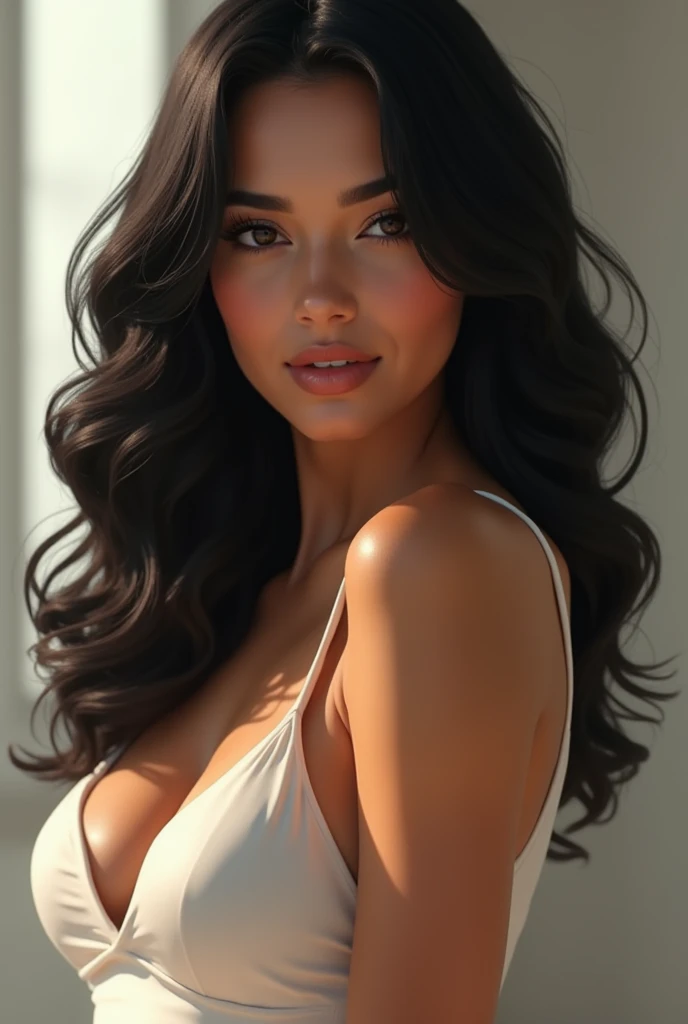 Elle a une silhouette élégante et équilibrée, with an upright posture that reflects both confidence and grace. Her hair, d'un noir ébène, frame her face with natural curls that fall freely over her shoulders. Son visage est oval, avec des traits harmonieux et délicats. Her eyes, almond shaped and hazelnut brown in color, are expressive and deep, comme s'ils pouvaient raconter des histoires sans dire un mot. Ils sont encadrés de longs cils qui ajoutent une touche de mystère à son regard.
Her nose is fine and well-drawn., ajoutant à la douceur de ses traits. Her lips are full and well defined, souvent étirées en un sourire chaleureux qui révèle une bienveillance naturelle. Her skin is tanned, douce et lumineuse, témoignant de soins attentifs. Ses mains sont fines avec des doigts longs et élégants, perhaps indicating an interest in creative or artistic activities.
All of this leaving a breast visible