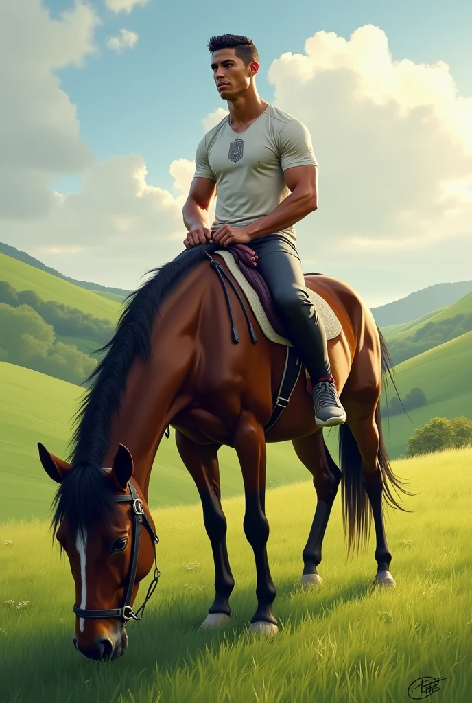 Young man riding a white horse without a shirt