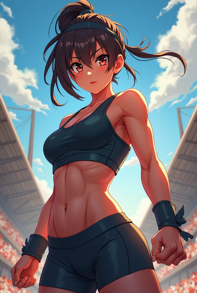 high-resolution,1 girl,(A fit female athlete:1.7),stand tall, with toned abs,(amply endowed:1.5) and defined muscles is performing pull-ups, (in a revealing outfit:1.2), wavy beige hair