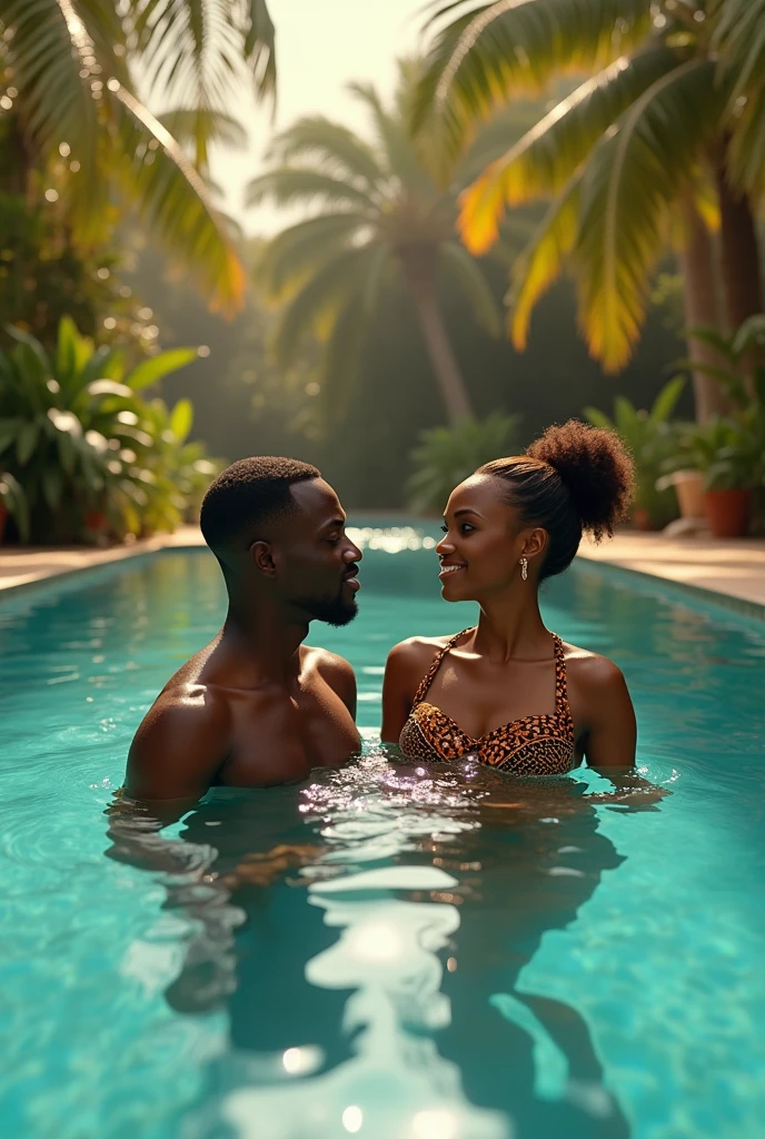 1 beautiful birracial woman and 1 man at the pool, detailed full body