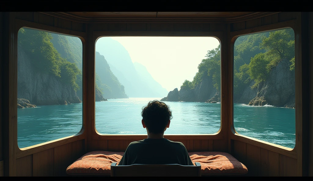 Um pequeno navio como uma cama feita de nuvens、homem, man、pernas cruzadas、hands behind the head、Flutuando no lago、birdview