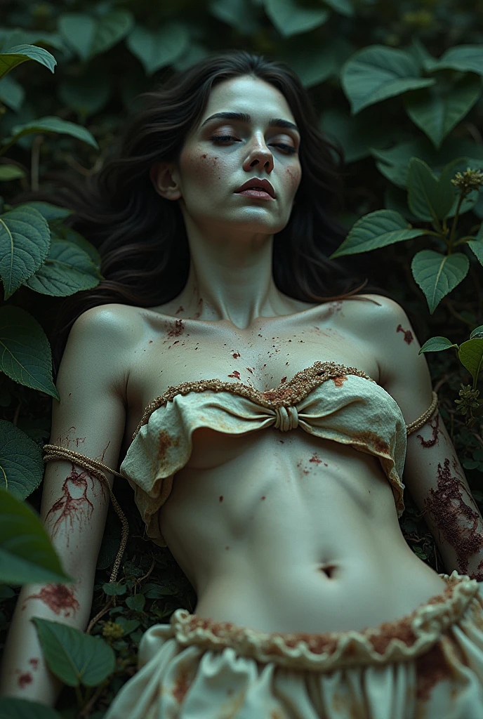 A dead woman's body, Eyes closed, half fermented, half hidden in a swamp, wild roses, Full of details and textures. It's horrible and beautiful at the same time.