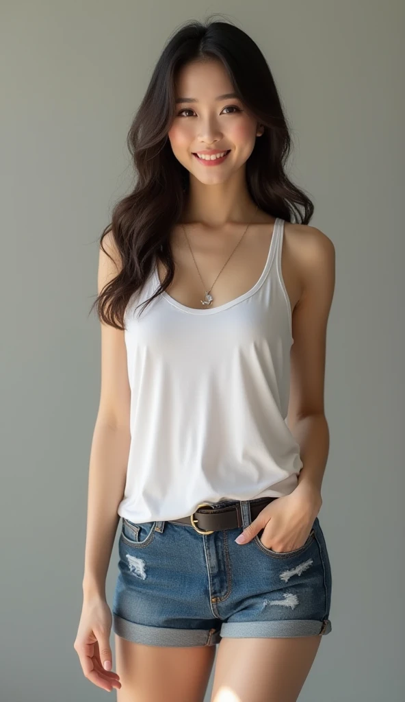 masterpiece,best quality,ultra detailed,highres,high-resolution,4k,realistic,RAW photo,((real person)),portrait photography,photorealistic,detailed skin,(delicate black eyes ), A soothing woman with sagging eyes,Calm and calm, middle hair,skinny,clothing,The wind is blowing,tareme、(gigantic breasts),cotton tank top、Denim cut-off bottoms、Shorts、I can see your crotch、US West Coast、Promenade by the sea、Healthy beautiful woman、Japanese、8 heads、Long legs、Sitting on the road、Open your knees,Bend your knees、smile、View the photographer