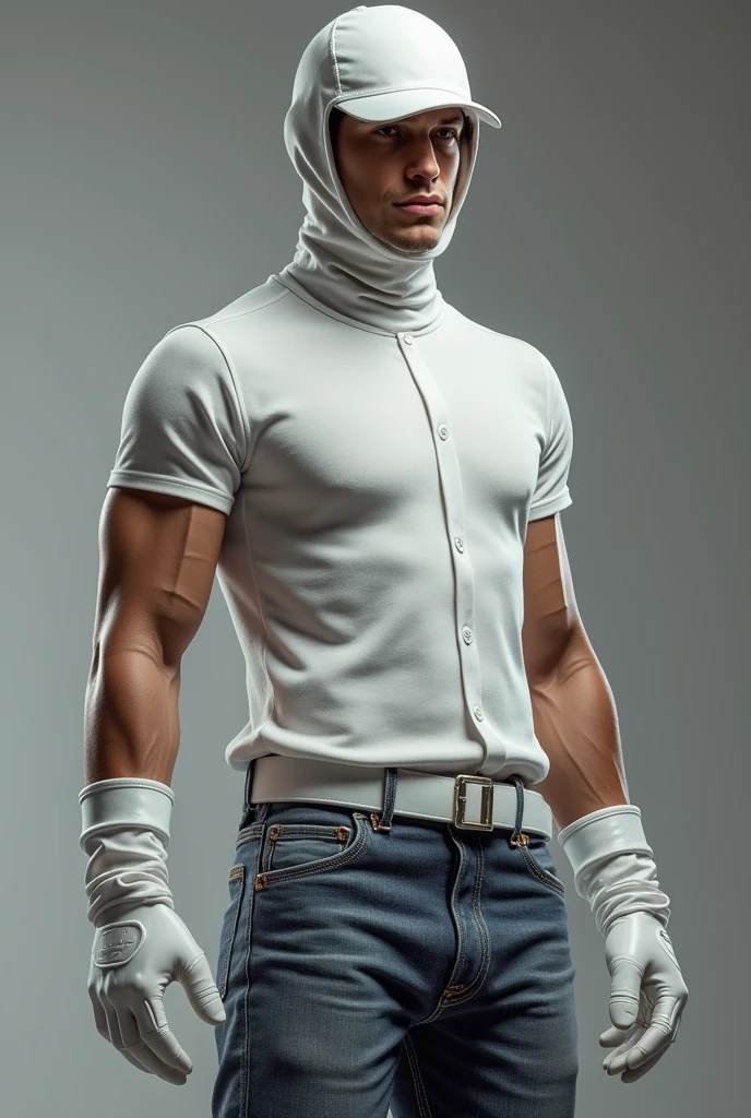 man, sitting in a meditation position, pale white skin, wearing full face white mask with no mouth opening, black eyes, no hair, wearing blue vest with white stripes, dark blue background, empty room with pillars