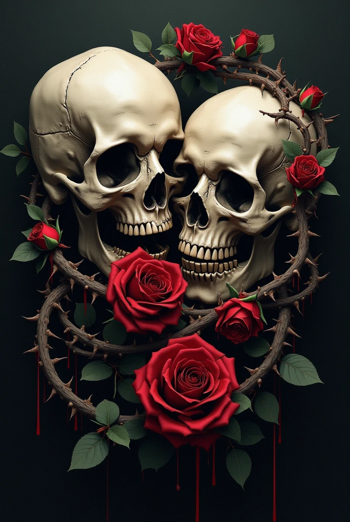 gothic image of a skull sussrounded by stylized hearts. Very dark and creepy vibes. Black background.