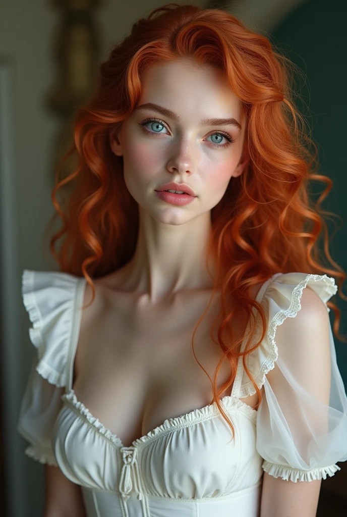 A ten years old girl with red hair,biggest chest and wire a bra
