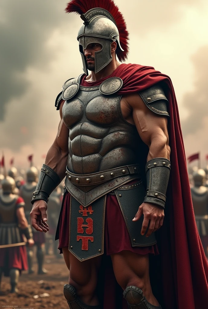 A stoic ancient Roman warrior, with blood trickling down his sculpted face, standing tall amidst the ruins of a once-glorious battlefield. His eyes, filled with a mix of determination and weariness, are fixed on the horizon as if contemplating the fate of his empire. The crimson of his blood starkly contrasts with the golden hue of the setting sun, casting a dramatic light across his muscular physique, which is adorned with intricate, dented armor that speaks of countless battles. The man's left hand clutches a broken sword, symbolizing the brutality of the recent combat, while his right hand is raised in a fist, signifying resilience and unyielding spirit. The background is a tableau of chaos and destruction, with fallen comrades and enemies alike scattered among the debris of shattered shields, swords, and the crumbling stones of ancient Roman architecture. The red-stained sand underfoot completes the picture of the battle's grim aftermath, as the last vestiges of daylight struggle to pierce through the thick dust and smoke that lingers in the air. His crimson-soaked tunic, adorned with a torn centurion's crest, flutters in the breeze, revealing the deep gashes on his chest and the unyielding resolve beneath. This solitary figure stands as a poignant reminder of the price paid for valor and the eternal cycle of war that shaped the very fabric of Roman history.
