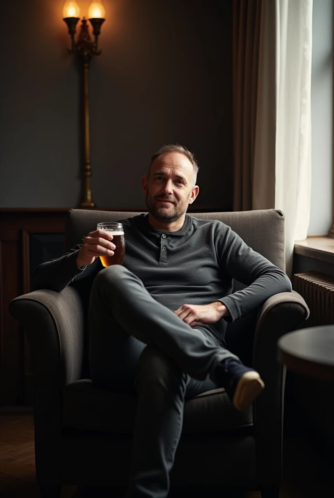 average middle aged Finnish man, sitting on a dark brown couch, open thighs, arms in a relaxed position on the backrest with a Rauchbier in one hand, slightly embarrassed soft smile, short brown hair with Turkish style haircut, short chinstrap beard, wearing sweatpants and a sweatshirt with black socks