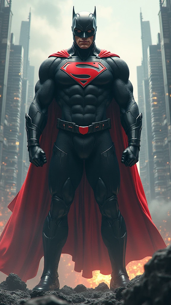 Superman standing with bloody fists and black suite and glowing red eyes, batman laying on the ground dead covered in his own blood with mask that resembles bat