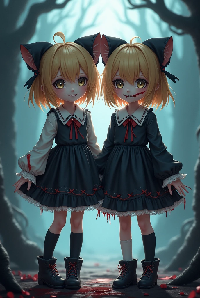 (masterpiece, best quality) junior,detailed, (beautiful,small breasts), blonde,long hair, side ponytail(tied to the left),Hairpin decoration with gold butterfly, elegant, (fox ears),nine tailed fox tail, red eyeshadow, golden eyes, femur,dark night sky,girl,yandere eyes,bloody face,bloody kimono(White Top),Red skirt,Maiden,Bloody(blood on fullbody),bloody ninjatou,evil smile