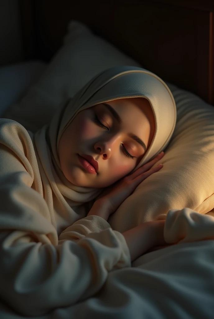 Hijabi woman, in bed