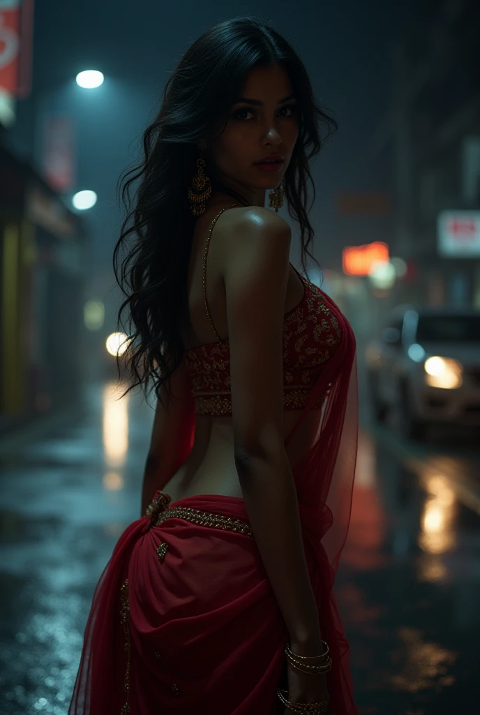 Meera shah 35 Year Old, beautiful, back view, wearing a strapless black silk saree, large breasts, deep cleavage, bands, waist band, standing in her palace balcony, moon in background, smiling, rear view, (leavage visible:1.3), not sagging breast), ((beautiful details breast )), background blur, (((ultra high detailed skin:1.2))), Ultra 4K picture quality captures every detail,8k, shot on camera Canon 1DX, 50 mm f/2.8 lens, raw, particle effects, raytracing, tone mapped, highly detailed, smooth, sharp focus, soft lighting, cinematic, 8K, realistic, (highly detailed background:1.4), finely detailed skin, sharp focus, (cinematic lighting), night, soft lighting