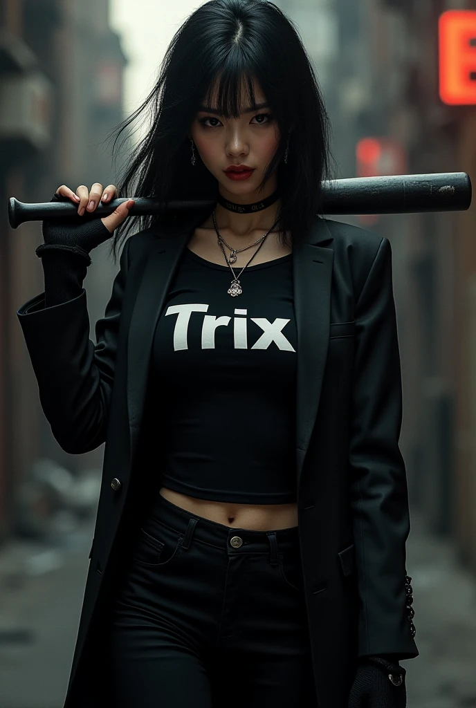Beautiful skinny girl, white skin, shapely breasts, tattoos, ponytail black hair, short patterned t-shirt, black shorts, makeup, red lipstick, great lighting, in an arcade in Los Angeles, small nose