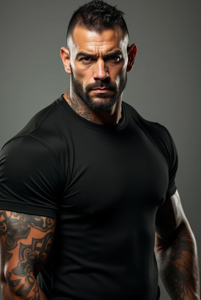 Tall black man MMA fighter has tattoos on stomach and arms he is very strong and has bright hazel eyes he has a beard with facial hair a d he standing in fighting stance. Little more slim build. Bigger nose and bigger lips has tattoos on the abdomen beard is a slightly shorter and he has writing on his chest his eyes are bright hazel that needs to be noticeable he has a little more hair on top and nose is bigger