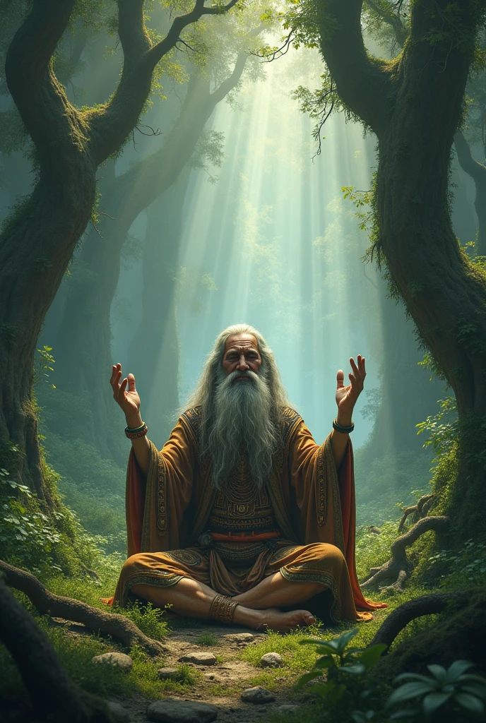 Rishi Vyasa in forest with devotion  setting under the big banyan tree writing on leaves and thinking about wars and peace 