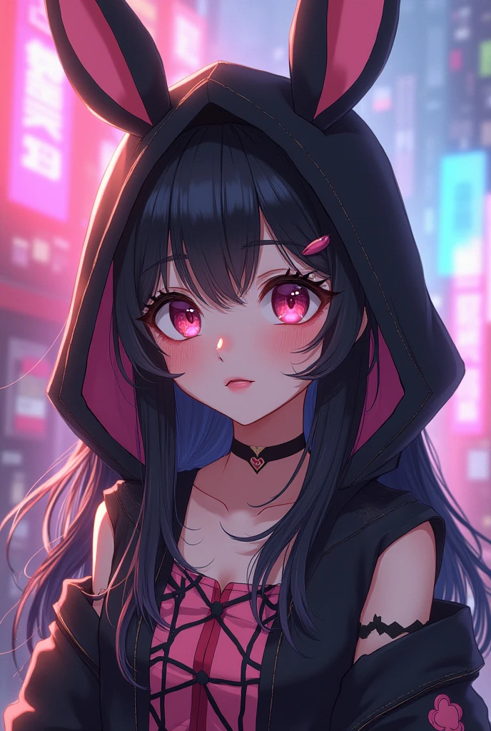 57 masterpiece, girl (( Highly detailed, high resolution, best quality )) Scarf, hijab, black dress, neon cyan coat, breathtaking, elegant, rosy cheeks, reddish lips, crystal eyes, bright lights, bright peach neon heart