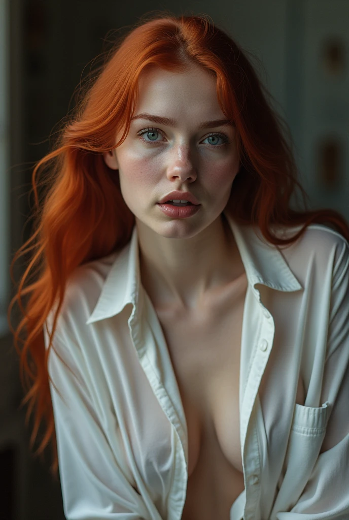 (8k, RAW photo, highest quality),(epic realistic:1.5), a girl, dynamic posture,erotic face,shirt,(detailed eyes:0.8),(looking at the camera:1.4), (highest quality), (best shadow),intricate details,cinematic,((skin:1.4)),interior, (long ponytail ginger hair:1.3),dark studio,(hdr:1.5),detailed, muted colors, freckles, (bright lighting: 0.7), masterpiece, big angle shot, RAW photo (pale 1 Irishwoman, looking up at the viewer) (undressed, disheveled, with bright red matted hair), (sitting), full-length portrait, perfect face, captivating eyes, bright details, pouting lips (high skin detail), freckles, medium breasts, hard nipples (tint: 0.6), (dirty: 0.8), (bloody: 0.7), Key lighting, (backlight: 0.5), medium depth of field, Canon 5D, 50mm lens, f/4 aperture, (ultra-detailed, complex detail), sharp focus, 8k, absurd, 8mm film grain, flirting with camera,sexually,Generate an image of a nude woman lying down with her vagina exposed, showing intimate details