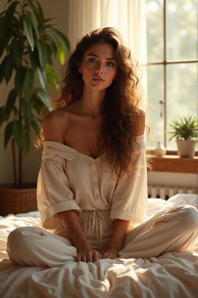 (photorealism:1.2), beautiful woman, sitting on bed, wearing loose off-shoulder top, pajama pants, long curly hair, indoors, soft lighting, plants in background, window with sunlight, cozy room, relaxed pose, realistic, intricate details, warm colors, by Greg Rutkowski, by Alphonse Mucha