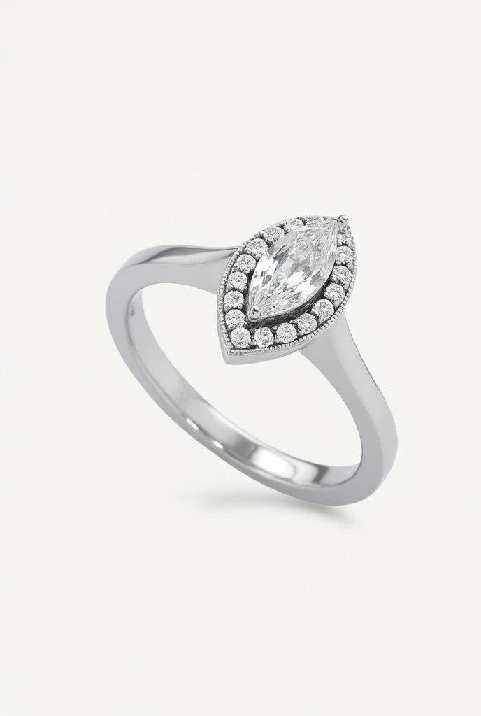 generate me A sleek and elegant white gold ring featuring a marquise-cut diamond centerpiece surrounded by smaller brilliant-cut diamonds, forming a sparkling halo. The band is crafted with a polished finish, highlighting the timeless sophistication of the design. Perfect for special occasions or as a symbol of eternal love and commitment.