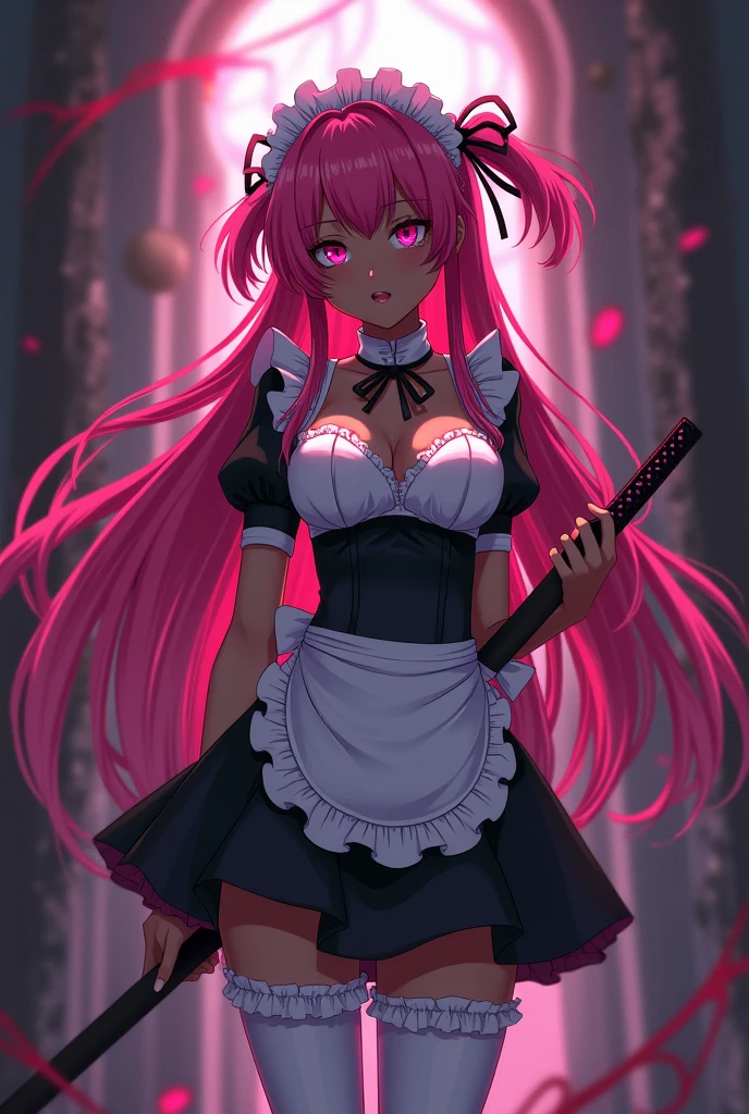 anime girl, pink hair, pink bunny ears, pink eyes, and pink fighting with a pink sword and angry all covered in blood maid outfit with big busts, high quality, (RAW photo, best quality), (realistic, photorealistic: 1.4), (extremely delicate and beautiful: 1.4), amazing, fine details, masterpiece, ultra detailed, high resolution, best illustration, best shadow, intricate, ( extremely intricate: 1.2), (exquisitely detailed skin), cinematic light, perfect anatomy, (cool color: 1.4), sharp focus, 8k UHD, DSLR, (Fujifilm XT3),Epic Fantasy Art Style HD, 4K fantasy art, epic fantasy digital art style, epic fantasy art style, Fantasy Woman, epic fantasy art portrait, Epic fantasy style, hyperrealistic fantasy art, hd fantasy art, Epic fantasy character art, epic fantasy art, in style of dark fantasy art, epic fantasy digital art, (mostrando panties white :1.4), (nsfw:1.4 ),(nsfw V2.1), (estilo encaje lingerie white :1.4), (iluminación cinematográfica),( anatomía perfecta detallado :1.4)
