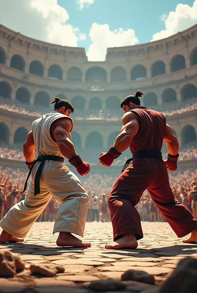 Mighty gladiator, upper torso exposed, legs unclothed from thighs to feet, flowing long curls, detailed muscular physique, lifelike depiction, 4K resolution. Background: Roman colosseum filled with cheering crowd.,32k uhd, best quality, masterpiece, super detail, high details