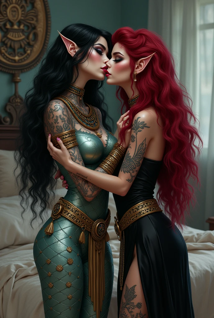 closeup shot of two slutty RoYal Vampire with fangs and petite bodies, Exchanging saliva, small breasts, tattoos and piercings. Sensual Pose, Squatting, Pierced , garter straps. Gold Circlet Crown. Gold Jewelry. Moaning. Masturbating. Green Hair. Chains. Handcuffs. Lesbian Sex. Kissing. .