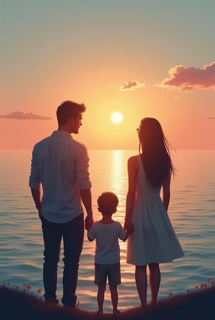 A family of four walks along the sandy beach by the sea in the evening towards sunset.、hugging each other
"(setting):(best quality),(masterpiece),(detailed),(ultra detailed),(insanely detailed),(ultra-quality),(highly detailed),(FHD)"