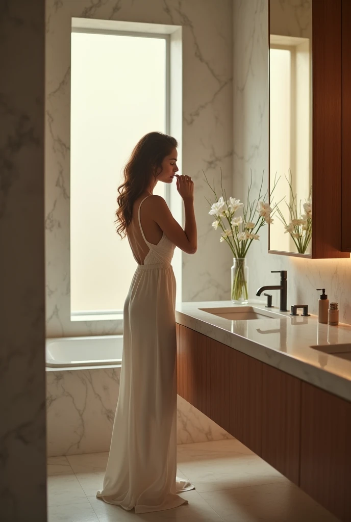 lady entering in the shower in a elegant bathroom, cinematic shot