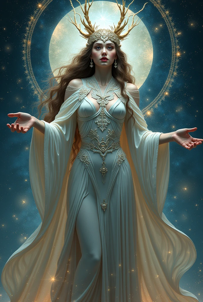 masterpiece, best quality, ultra detailed, 8k, high resolution, Photorealistic, Greek Mythology, fantasy, legendary existence, mythical world, meditation, symmetrical, divine halo, magic circle, solar eclipse, Nebula, alone, stunningly beautiful woman, beautiful face, A smile that brings peace to the people, "in Aphrodite", full body shot, gorgeous intricately detailed dress, golden ornaments, white cloak,