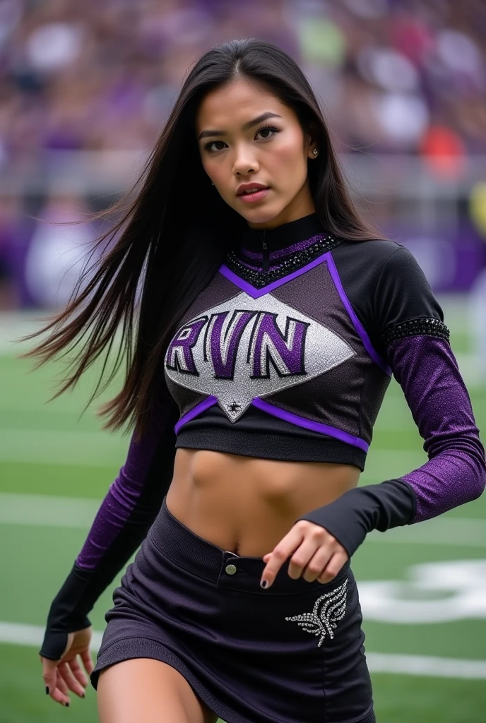 Beautiful girl, purple hair,tie your hair, huge breasts, wearing a tight football uniform, sexy post, in the football stadium.