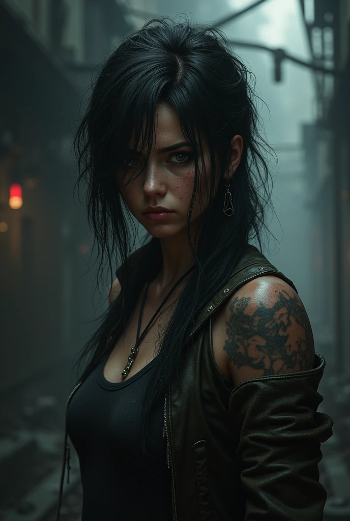woman stands in the cyberpunk city, <lora:person_lora_dopfunk_evangelinelilly_16:1>, looking at the camera, dark and gloomy full body 8k unity render, photorealistic digital art trending on Artstation 8k HD high definition detailed realistic, 33 years old, long black hair, ponytail, ((clean cheeks)), (clean face), cyberpunk city on the background, futuristic city, 24 century, action shot, tattered torn shirt, detailed skin, skin pores, hdr, cinema shot, heavy shadows, detailed, detailed face, (vibrant, photo realistic, realistic, dramatic, dark, sharp focus, 8k)