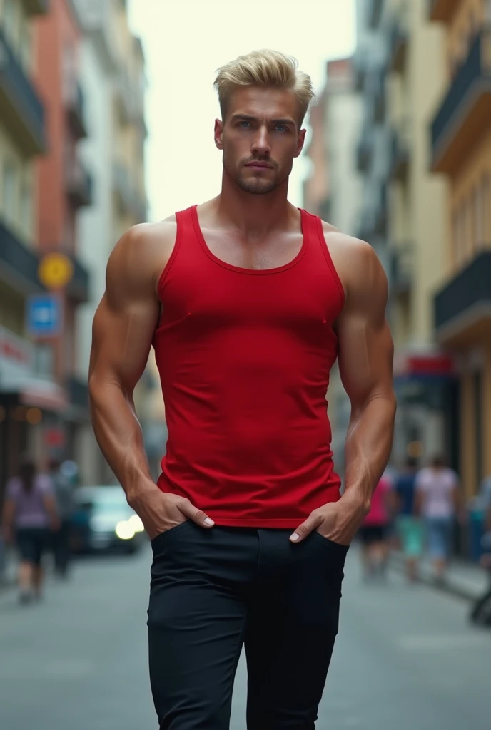 (absurderes, A high resolution, Ultra detailed, hdr), Masterpiece, Best quality, Portrait of a boy, Handsome boy with red eyes, Detailed face, Professional photo, The Alafed man is shirtless, Leaning comfortably，legs are open, (puffynipple(From below:1.1)), Focus on your audience,18 year old boy, Handsome boy, [ Firmly defined body ]，Burgundy shirt open，Abs，chest muscle，short white pants，large bulge，white shoe，On the street，