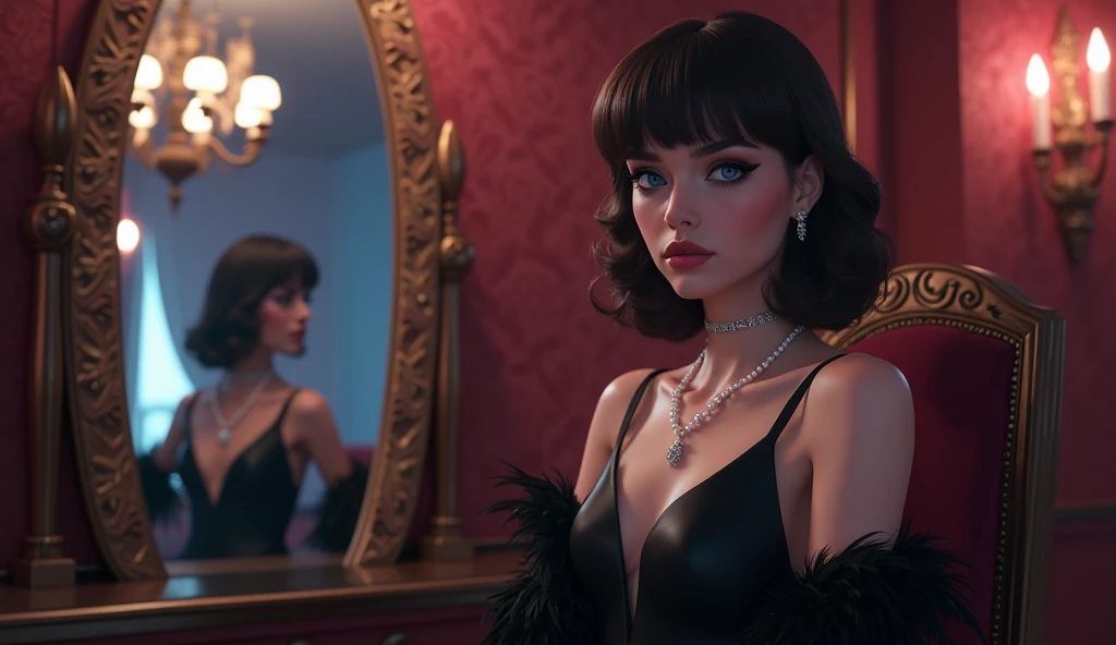 best quality,  1girl, scoverkill, (green eyes:1.2), (black hair:1.2), pinkdress, pink (elbow gloves:1.2), hand on own chest, jewelry, necklace, diamonds, lips, red lipstick, (eyeliner:1.3) dramatic shadows, dark background, black background, looking away,  <lora:Degen-pinkdress:.6>, <lora:scoverkill-nvwls-v1:.7>