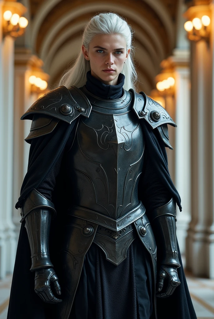 An adult woman with long white hair,honey-colored eyes and a full black medieval armor with a mask-type helmet on while holding a pack saddle