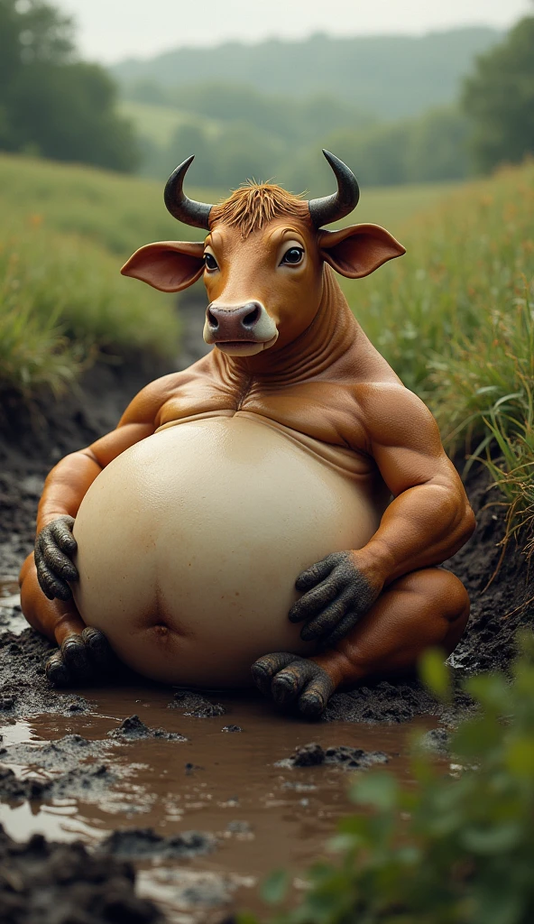 cow, fantasy forest, on back with hindlegs spread, solo, (feral:1.3), amber eyes, (big balls:1.3), ball tuft, pubes, (hyper penis:1.2), (cow penis:1.3), (veiny penis:1.3), anus, ((((excessive peeing in self, anal))))