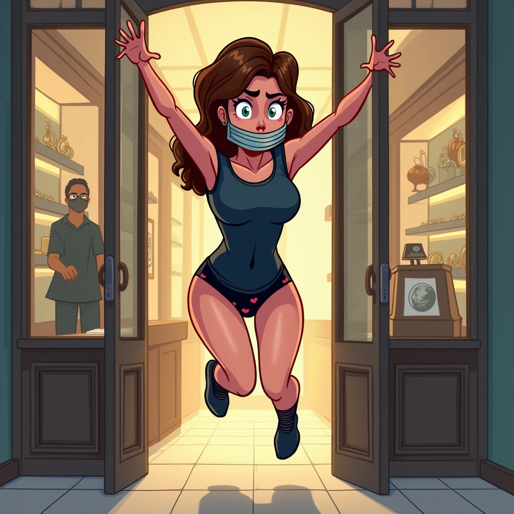 artwork, Attention to details, beautiful girl, BROWN SKIN, ???????????, long spiky brown black hair and brown eyes, With a red shirt, Empty look, ???? legs, red panties, ??????? hitting glass, standing, whole body, barefoot, ??????? rubbing the glass, trapped inside a transparent glass jar, waxed inside, inside the jar, whole body en el frasco, sentada inside the jar, barefoot, trapped in the jar