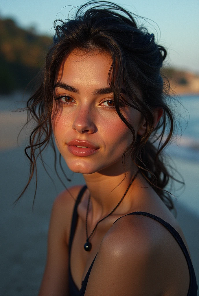 Beautiful lady, freckles, dark makeup, hyperdetailed photography, soft light, head and breast portrait, cover, , big breastes.In the mouth of bonana,on the lips