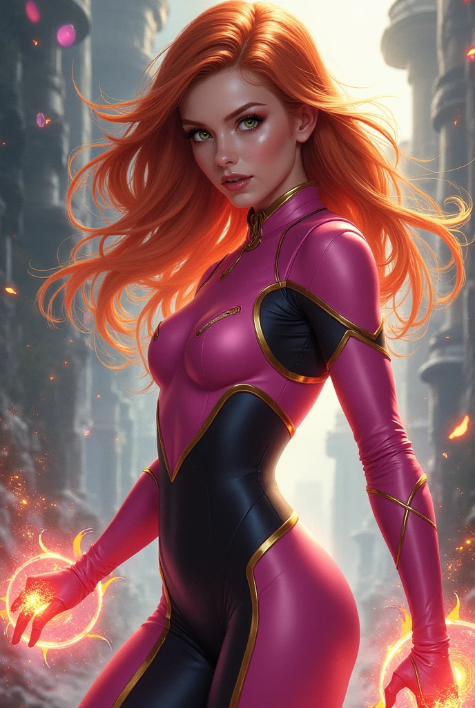 Super Gabi using her power, the costume is pink, curly hair