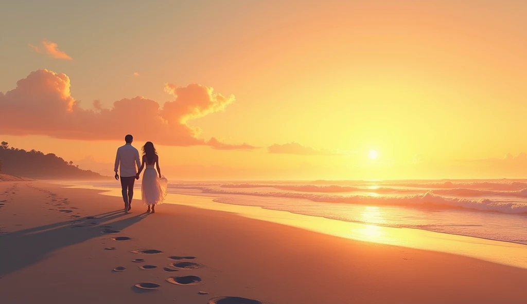 A picturesque beach at sunset with warm, golden hues. The couple walks hand in hand along the water's edge, creating a romantic silhouette against the setting sun. The couple's affectionate gestures and smiles convey the love and connection described in the quote.