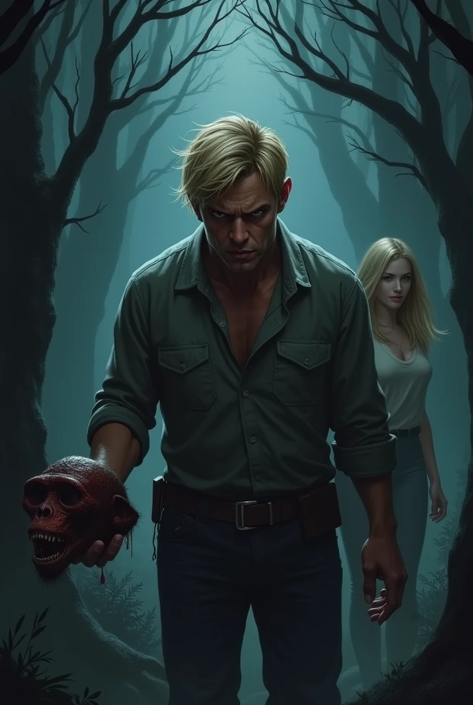 A tall man of 2,40 m short blond hair blue eyes fair skin no beard he is holding an axe made of dragon bone with a flaming tip his hands are covered in blood and another hand is holding a human head he is wearing a pink sweater vest with a white dress shirt brown pants and hiking boots he is in a forest with blue flowers and a shadow behind him has a somewhat sinister smile and in some trees you can see some hanging bodies his mouth is covered in blood and it is raining blood