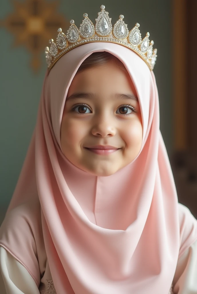 Chubby adorable, 1 girl, (face to face), 10 years old, baby face, happy, half body portrait, (face details: 1), (eye details: 1), ((big breasts)). wearing transparent transparency softpink long shirt, hijab, .. Cute posed. proportional body. Ultra High Res. realistic: 1.4, UHD, (floral pattern), view from side seductive pose 